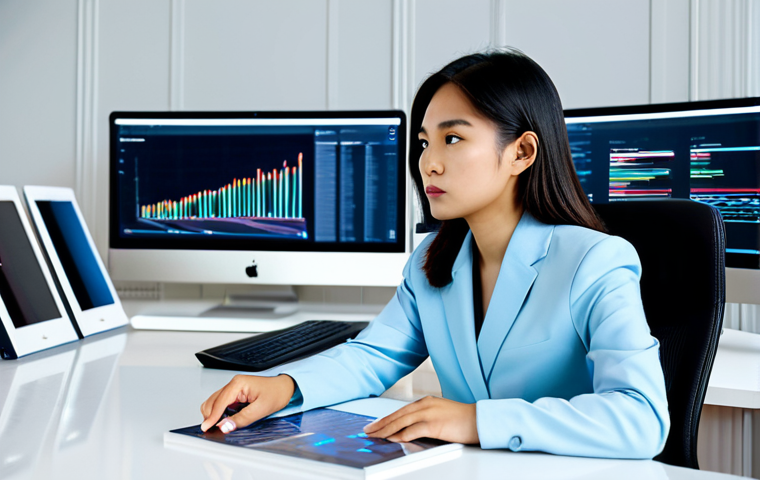A focused young female professional, of Southeast Asian descent, in a smart casual business outfit, seated at a modern desk in a minimalist digital content studio. She is engaged with multiple holographic screens displaying data analytics, social media feeds, and creative content designs. Her expression is thoughtful and composed, subtly suggesting the curation of influential narratives. The background is clean and organized, with soft ambient lighting. The image emphasizes digital sophistication and quiet power. perfect anatomy, correct proportions, natural pose, well-formed hands, proper finger count, natural body proportions, safe for work, appropriate content, fully clothed, professional dress, modest clothing, high quality, professional photography.