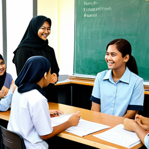 Home 6 **
A group of diverse Malaysian students participating in a leadership workshop, fully clothed in modest attire. The scene is a brightly lit classroom with motivational posters in Bahasa Malaysia. The students are engaged in a team-building activity. Focus on collaboration and positive energy. Safe for work, appropriate content, family-friendly, professional, perfect anatomy, correct proportions, natural pose, well-formed hands, proper finger count.
**