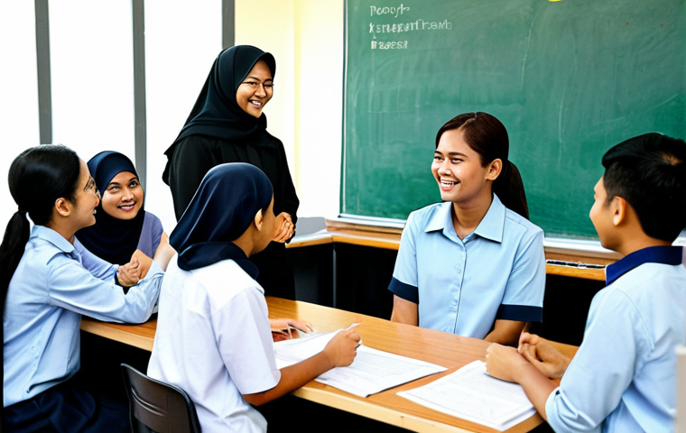 **
A group of diverse Malaysian students participating in a leadership workshop, fully clothed in modest attire. The scene is a brightly lit classroom with motivational posters in Bahasa Malaysia. The students are engaged in a team-building activity. Focus on collaboration and positive energy. Safe for work, appropriate content, family-friendly, professional, perfect anatomy, correct proportions, natural pose, well-formed hands, proper finger count.
**